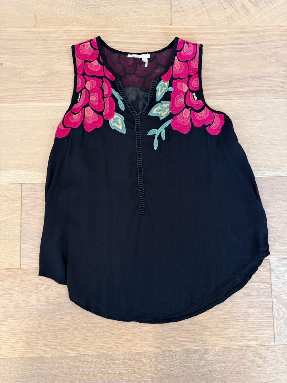 Anthropologie Black Sleeveless Camisole with Pink Floral Embroidery size xs
